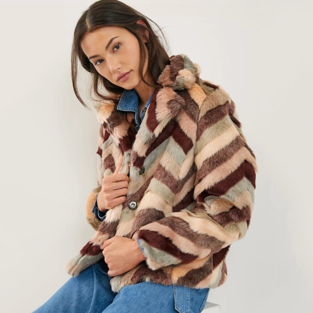 NWT Anthropologie Hutch Chevron Faux Fur Jacket
